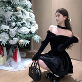 KYLETHOMASW  -  Slash Neck Velvet Black Preppy Dress Long Sleeve Princess Slim Layered Dress Sexy Strapless Birthday Christmas Party Vestidos