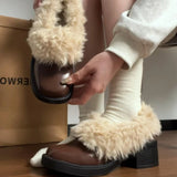 KYLETHOMASW  -  Fur Lining Women Mary Jane Shoes Elegant Square Toe Slip On Footwear 2026 Spring Autumn Keep Warm Ladies Thick Heel Single Shoes