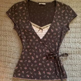 KYLETHOMASW  -  Y2k Print Floral T Shirt For Women Spring Summer Vintage Ropa De Mujer Japanese Style V Neck Bandage Versatile Tees