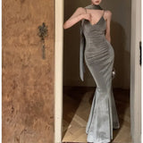 Kylethomasw  V-neck Sexy Backless Slim Fishtail Dress Women 2024 Spring New Korean Fashion Elegant Floor-length Party Dress with Scarf