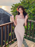 KYLETHOMASW  -  New Women Midi Dress Summer Spaghetti Strap Solid Pleated Sexy Bodycon Elegant Party Slim One Piece Clothes Vestidos