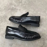 KYLETHOMASW  -  Round-toed loafers for women with pleated low heels Retro Brown Ladies Shoes Woman Fashion Brand Designer Shoes for Women