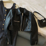 KYLETHOMASW  -  Vintage Cropped Pu Leather Jacket Women Streetwear Black Motorcycle Coat Fall Winter Long Sleeve Zipper Chic Outerwear New