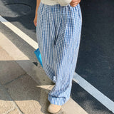KYLETHOMASW  -  Vintage Plaid Women's Wide Leg Pants Pockets Sping Summer High Waist Casual Straight Loose Trousers Female