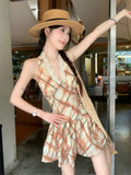 KYLETHOMASW  -  Sexy Halter Neck Lace Dress Women's Summer French Slim Fit Plaid A-line Short Dress Fashion Female Clothes