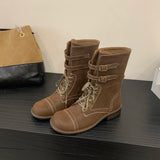 KYLETHOMASW  -  Fashion Design Narrow Band Lace-up Women Knee-High Boots Vintage Spring Autumn Round Toe Square Low Heels Shoes