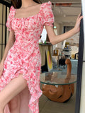 KYLETHOMASW  -  Summer Print Floral Asymmetrical Ruffled Dress Women Square Collar Short Sleeve Slim Pink Korean Dress Party Birthday Dresses