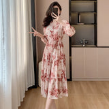 KIylethomasw French Chic Women V Neck Flower Print Chiffon Midi Dress 2024 New Spring Long Sleeve Drawstring Waist Holiday Floral Sweet Dress