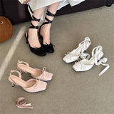 KYLETHOMASW  -  Sexy Elegant Thin Heels Butterfly-kont Square Toe Pumps Women Sandals Design Ankle Lace-up Banquet Mule Shoes