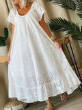 KYLETHOMASW  -  Women's Casual White Swing Party Dresses YK2 Ladies Elegant O-neck Hollow Long Dress Vestidos Summer Loose Short Sleeve Dress