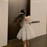 KYLETHOMASW  -  Women Sexy Mesh Skirt Sweet Kawaii Japanese Fairy Party Elegant Dresses Summer Fashion Bubble Sleeve White Short Sleeve Dress