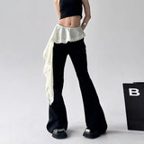 KYLETHOMASW  -  Lace Patchwork Lace Up Pants for Women 2205 New Slim Fit Fake Two Piece Flare Pants Y2k High Waist Black Straight Trousers