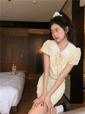 KYLETHOMASW  -  Summer Yellow Fashion 2 Piece Sets Cute Girl Short Puff Sleeve Lace Doll Collar Shirt Top&Mini Skirt 2pc Dress Suits