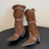 KYLETHOMASW  -  Vintage Pleated Belt Buckle Faux Suede Women Knee High Boots Autumn Winter Fashion High heels Western Cowboy Knight Boots Shoes