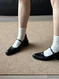 KYLETHOMASW  -  Women Shallow Mouthed Mary Jane Shoes Thick Heel with A Single Button Women Leather Shoes Metal Decorative Leisure Flat Shoes