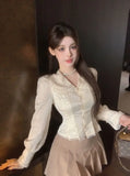 KYLETHOMASW  -  French Apricot Double-layer Lapel Long-sleeved Shirt for Women in Autumn Lace Fitted Waist Shirt