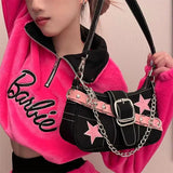 Kylethomasw Denim Bag Cool Dark Pink Star Metal Chain Fashion Harajuku Style Women's Bag Underarm Bag Tote Bag Purses Handbags Baguett