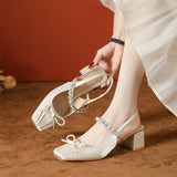 KYLETHOMASW  -  Mary Jane Shoes High Heels Women's High End Summer Thick Heels Single Shoes Square Head Bow Women's Shoes Rear Empty Sandals