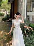 KYLETHOMASW  -  Summer French Style Dress for Women V Neck Short Sleeve Lace Trim Slim Fit Waist A Line Long Dress Elegant Flattering Design