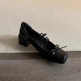 KYLETHOMASW  -  Women Genuine Leather Bow Decorated Flat Shoes with Cross Straps Thick Heels Mary Jane Shoes Shallow Mouth Comfortable Loafers