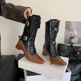 KYLETHOMASW  -  Yellow Cowboy Boots Women Lace Up Belt Buckle Block Heels Mid-calf Western Boots Autumn Vintage Designer Shoes Black Botas Mujer