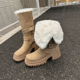 KYLETHOMASW  -  Women High Platforms Mid-calf Boots Fashion Warm Plush British Booties High Snow Boots Female Thick Soles Heels Boots