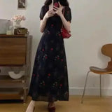 KYLETHOMASW  -  Women's Vintage Floral Print Midi Dress Square Neck Puff Sleeve Lace Patch High Waist A-line Summer Dress