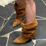 KYLETHOMASW  -  Metal Embellished Nubuck Ankle Boots Women Elegant Kitten-heel Modern Boots Warm Sexy Pointed Toe Western Cowboy Boots Brown