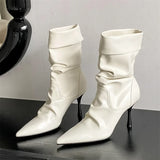 KYLETHOMASW  -  Fashion Pleated Sewing Design Ankle Boots Women Elegant Pointed Toe Thin Heel Modern Boots Comfort Soft Leather Zapatos De Mujer