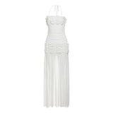 KYLETHOMASW  -  Mesh Patchwork Maxi Dress Women Halter Sexy Off Shoulder Backless Splits Gown Midnight Prom Party Ruched Elegant Dress