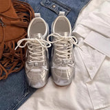 KYLETHOMASW  -  Women Sneakers Spring Summer New Leather Sweet Fashion Casual Flats Women Lace-up German Training Shoes Women Silver 321