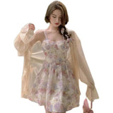 KYLETHOMASW  -  Women's Summer Floral Print Two-Piece Set Svel Waist-Cinching Sunscreen Cardigan And ter Dr Ensemble