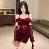 KYLETHOMASW  -  Woman Dress Sexy Off Shoulder Lace Patchwork Slim Slash Neck Vintage Elegant Mini Dresses Female Party Clubwear