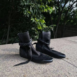 KYLETHOMASW  -  Genuine Leather Butterfly Knot Wrapped Strap Short Ankle Boots Women Polished Color Distressed Flat Bottomed Bare Shoes Female