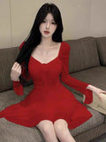 KYLETHOMASW  -  Woman Dress Sweet Sexy Flowers Long Sleeve Elegant Slim Mesh Patchwork Ruched Ruffles Party Mini Dresses Ladies