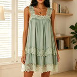 KYLETHOMASW  -  Women Vintage Mesh Babydoll Dresses Fairy Lace Mini Dress Y2k Floral Lace Trim Ruffle Chic Kawaii Harajuku Short Dress