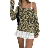 KYLETHOMASW  -  One neck loose leopard print long sleeved spicy girl personality off the shoulder lazy casual versatile T-shirt