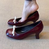 KYLETHOMASW  -  Retro Bowknot High Heeled Mary Jane Shoes Women Designer Pumps Shallow Comfort Round Toe Elegant Office Women Shoes Talons Femme