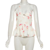 KYLETHOMASW  -  Flower Print 2 Piece Set Woman Halter Low-Neck Bow Decoration Tank Tops+Ruffles Long Skirts Beach Style Elegant Outfits