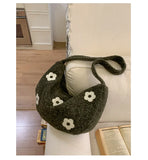 KYLETHOMASW  -  Korean Fluffy Sweet Floral Underarm Bag Y2k Lamb Wool Shopping Handbags Women New All Match Streetwear Travel Shoulder Bags