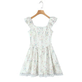KYLETHOMASW  -  Sexy Floral Print Spliced Lace V neck Ruffles Strap Tank Dress Women Wood ears Low Waist Short Dresses Swing A-lined Robe