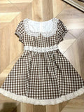 KYLETHOMASW  -  Japanese Sweet Vintage Black White Plaid Lace Doll Collar Ruffle Sleeve High Waist Mini Dress Petite Women Summer Party Wear