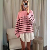 KYLETHOMASW  -  Fall/Winter Ladies Striped Warm Knitted Pullover Elegant Long Sleeve Loose Pink Sweater
