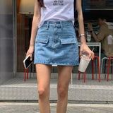 KYLETHOMASW  -  Fashion Elegant Solid Color Women's High Waisted Denim Short Skirt Retro Blue Washed Style Summer New
