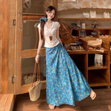 KYLETHOMASW  -  Blue Floral Oil Painting Lace-up Skirt Women's Summer New Thin Slim V-neck Short-sleeved T-shirt Two-piece Set