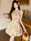 KYLETHOMASW  -  New Floral Chic Bow Square Collar Sling Short Dress Women Elegant Casual A-Line Dress Summer Korean Bodycon Kawaii Dresses