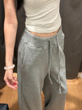 KYLETHOMASW  -  Women Gray Striped Wide Leg Pants Japanese Harajuku High Street Fashion Casual Straight Leg Versatile Autumn Winter Trousers