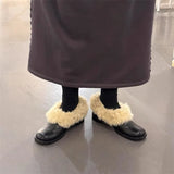 KYLETHOMASW  -  Autumn Winter New Square Toe Thick Heel Hairy Loafers Women's Leather Korean Version Versatile Small Leather Shoes Cotton Shoes