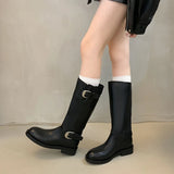 KYLETHOMASW  -  Winter Belt Buckle Women Knight High Boots Thick Heel Shoes Female Vintage Slip On Slim Long Booties Zapatos De Muje