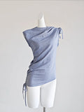 KYLETHOMASW  -  French Blue Striped Drawstring Strap Shirt for Women Summer Outfit Sweet GirlI Irregular Slim Fit Sleeveless Blouses Women Tops